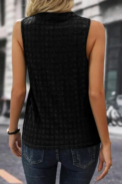 Fashion Dear-Lover Lattice Textured Split Neck Tank Top Black