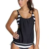 Clearance Dear-Lover Black Layered-Style Cross Back Tankini with Triangular Briefs Thick black white stripes