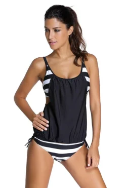 Clearance Dear-Lover Black Layered-Style Cross Back Tankini with Triangular Briefs Thick black white stripes
