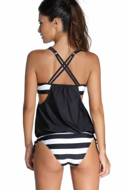 Clearance Dear-Lover Black Layered-Style Cross Back Tankini with Triangular Briefs Thick black white stripes