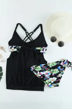 Best Dear-Lover Black Layered-Style Floral Tankini with Triangular Briefs Black flowers