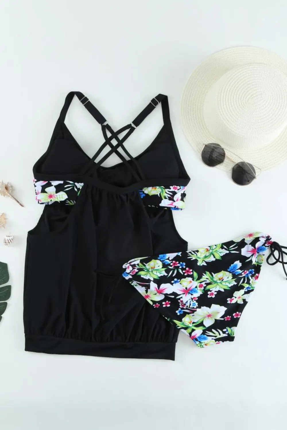 Best Dear-Lover Black Layered-Style Floral Tankini with Triangular Briefs Black flowers