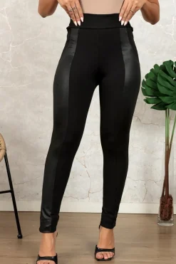Sale Dear-Lover Leather Panel Patchwork High Waist Leggings Black
