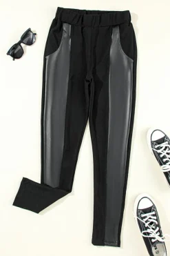 Sale Dear-Lover Leather Panel Patchwork High Waist Leggings Black