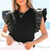 Outlet Dear-Lover Leather Ruffle Sleeve Patchwork Round Neck Blouse Black