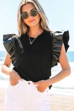 Outlet Dear-Lover Leather Ruffle Sleeve Patchwork Round Neck Blouse Black