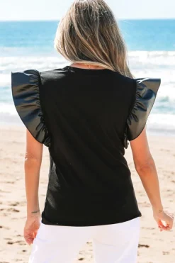 Outlet Dear-Lover Leather Ruffle Sleeve Patchwork Round Neck Blouse Black