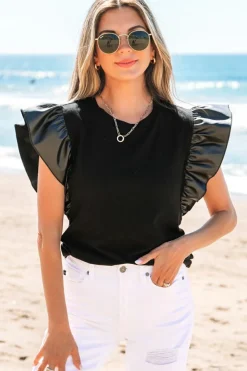 Outlet Dear-Lover Leather Ruffle Sleeve Patchwork Round Neck Blouse Black