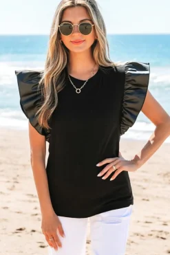 Outlet Dear-Lover Leather Ruffle Sleeve Patchwork Round Neck Blouse Black