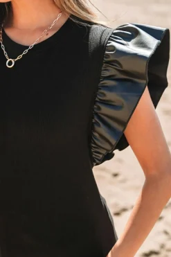 Outlet Dear-Lover Leather Ruffle Sleeve Patchwork Round Neck Blouse Black
