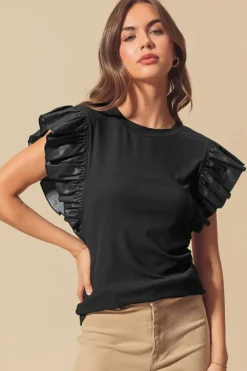 Outlet Dear-Lover Leather Ruffle Sleeve Patchwork Round Neck Blouse Black
