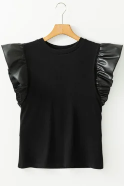 Outlet Dear-Lover Leather Ruffle Sleeve Patchwork Round Neck Blouse Black