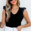 Fashion Dear-Lover Leatherette Ruffle Patchwork Ribbed V Neck Bodysuit Black