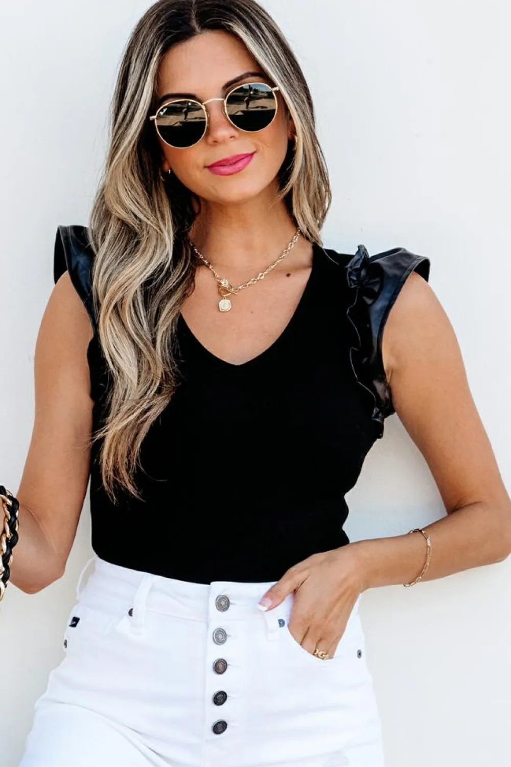 Fashion Dear-Lover Leatherette Ruffle Patchwork Ribbed V Neck Bodysuit Black