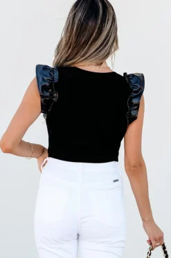 Fashion Dear-Lover Leatherette Ruffle Patchwork Ribbed V Neck Bodysuit Black