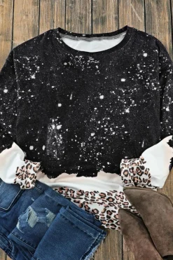Sale Dear-Lover Leopard Bleached Pullover Sweatshirt Black