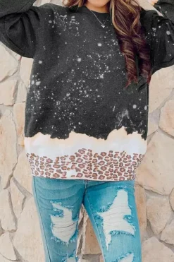 Sale Dear-Lover Leopard Bleached Pullover Sweatshirt Black