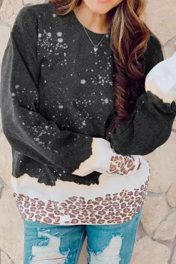 Sale Dear-Lover Leopard Bleached Pullover Sweatshirt Black
