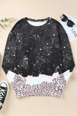 Sale Dear-Lover Leopard Bleached Pullover Sweatshirt Black