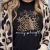 Sale Dear-Lover Leopard Christmas Tree Graphic Crew Neck T Shirt Black