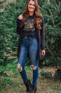 Sale Dear-Lover Leopard Christmas Tree Graphic Crew Neck T Shirt Black