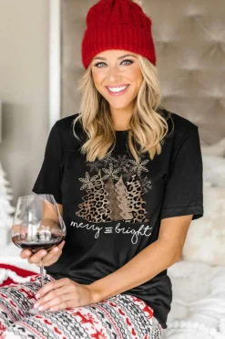 Sale Dear-Lover Leopard Christmas Tree Graphic Crew Neck T Shirt Black