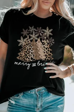 Sale Dear-Lover Leopard Christmas Tree Graphic Crew Neck T Shirt Black