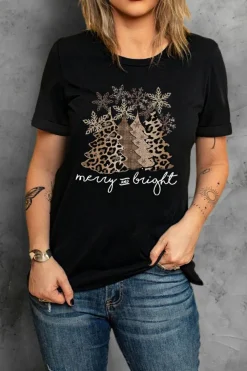 Sale Dear-Lover Leopard Christmas Tree Graphic Crew Neck T Shirt Black