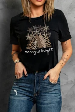 Sale Dear-Lover Leopard Christmas Tree Graphic Crew Neck T Shirt Black