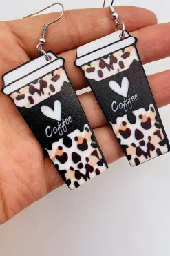 New Dear-Lover Leopard Coffee Print Beverage Cup Shape Earrings Black