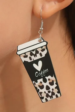 New Dear-Lover Leopard Coffee Print Beverage Cup Shape Earrings Black