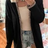 Online Dear-Lover Leopard Contrast Waffle Knit Open Front Cardigan Black