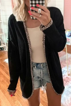 Online Dear-Lover Leopard Contrast Waffle Knit Open Front Cardigan Black