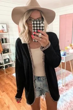 Online Dear-Lover Leopard Contrast Waffle Knit Open Front Cardigan Black