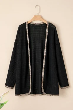 Online Dear-Lover Leopard Contrast Waffle Knit Open Front Cardigan Black