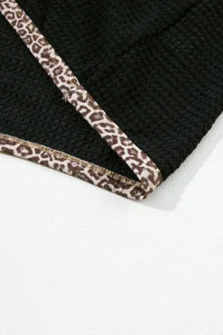 Online Dear-Lover Leopard Contrast Waffle Knit Open Front Cardigan Black