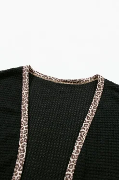 Online Dear-Lover Leopard Contrast Waffle Knit Open Front Cardigan Black