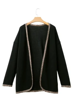 Online Dear-Lover Leopard Contrast Waffle Knit Open Front Cardigan Black