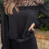 Fashion Dear-Lover Leopard Mesh Splicing Ruffle Long Sleeve Blouse Black