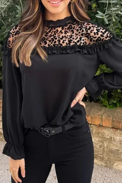Fashion Dear-Lover Leopard Mesh Splicing Ruffle Long Sleeve Blouse Black
