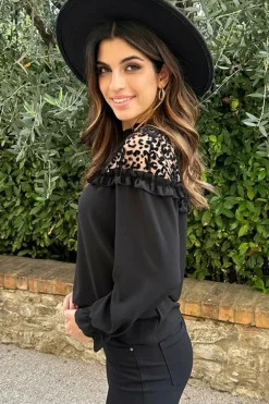 Fashion Dear-Lover Leopard Mesh Splicing Ruffle Long Sleeve Blouse Black