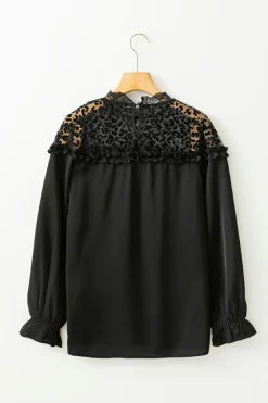 Fashion Dear-Lover Leopard Mesh Splicing Ruffle Long Sleeve Blouse Black
