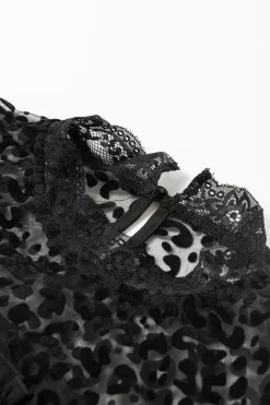 Fashion Dear-Lover Leopard Mesh Splicing Ruffle Long Sleeve Blouse Black