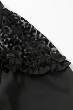 Fashion Dear-Lover Leopard Mesh Splicing Ruffle Long Sleeve Blouse Black