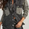 Best Dear-Lover Leopard Patch Pocket Vintage Raw Hem Denim Jacket Black