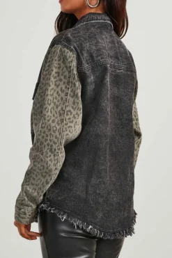 Best Dear-Lover Leopard Patch Pocket Vintage Raw Hem Denim Jacket Black