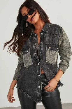 Best Dear-Lover Leopard Patch Pocket Vintage Raw Hem Denim Jacket Black