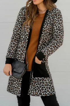 Sale Dear-Lover Leopard Patched Pocket Open Front Cardigan Black