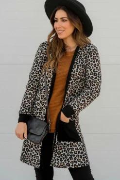Sale Dear-Lover Leopard Patched Pocket Open Front Cardigan Black