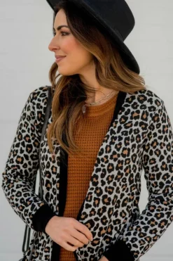 Sale Dear-Lover Leopard Patched Pocket Open Front Cardigan Black